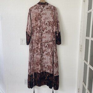 Soft Surroundings Womens Satin Kimono Duster Robe Size M Boho Floral Bird Print